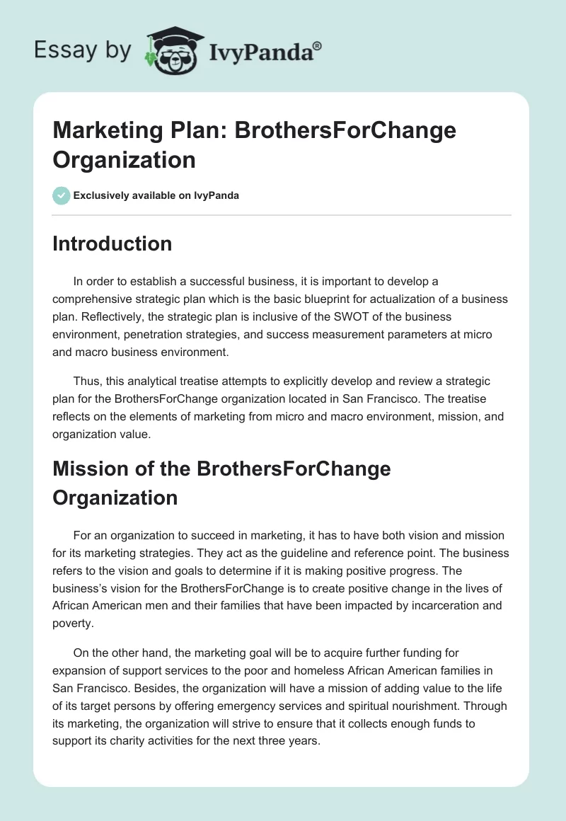 Marketing Plan: BrothersForChange Organization. Page 1