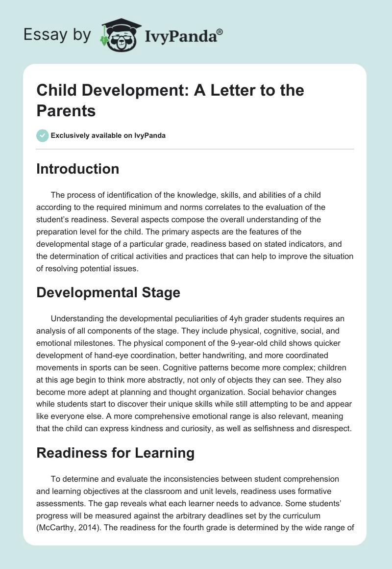 Child Development: A Letter to the Parents. Page 1