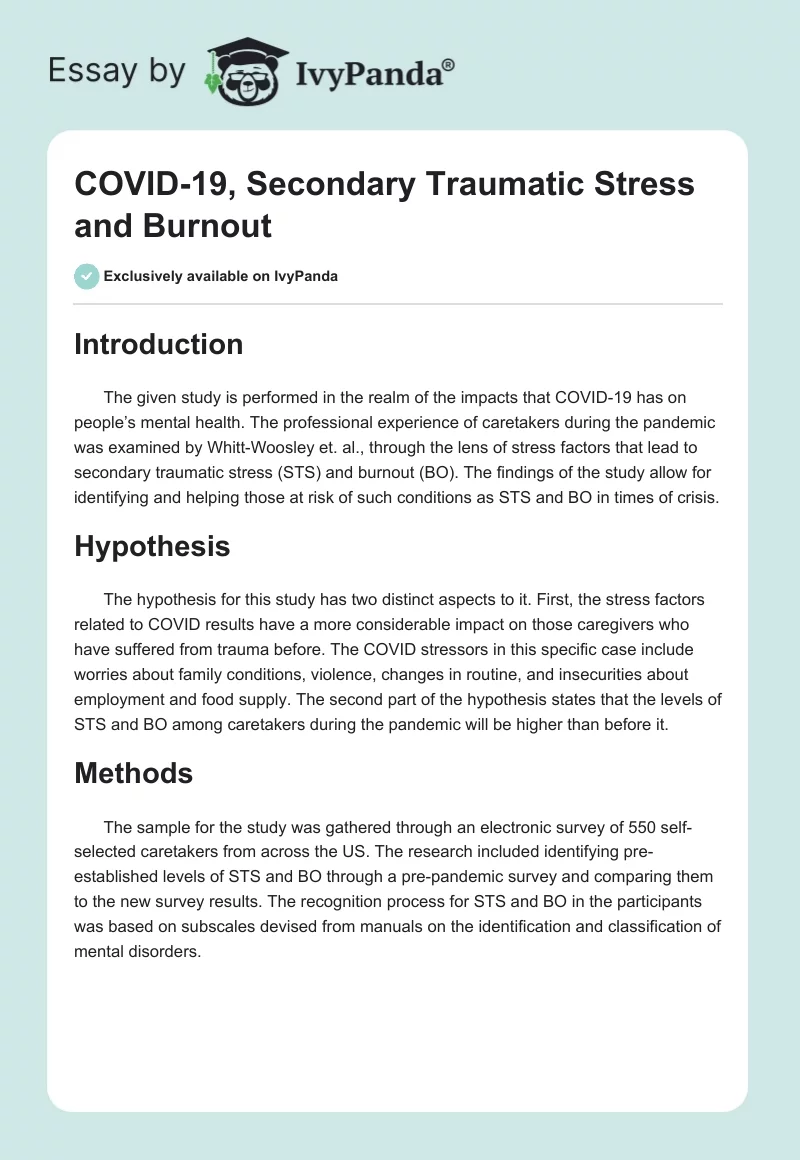 COVID-19, Secondary Traumatic Stress and Burnout. Page 1