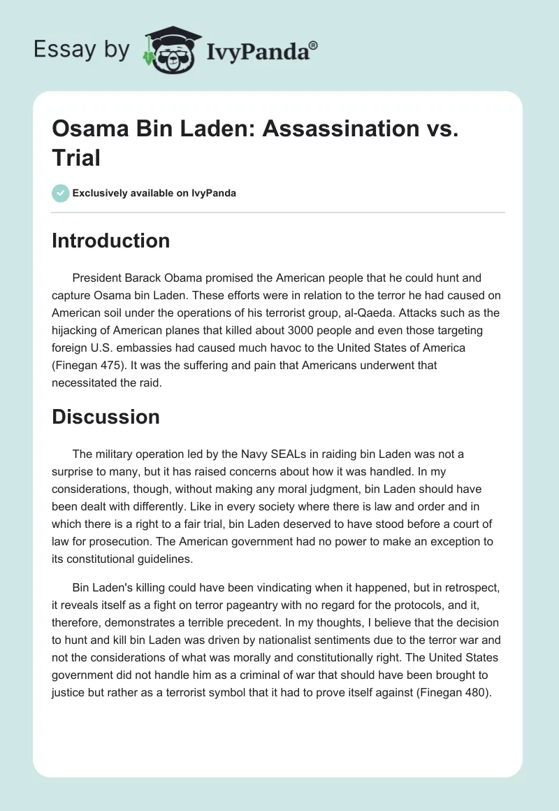 Osama Bin Laden: Assassination vs. Trial. Page 1