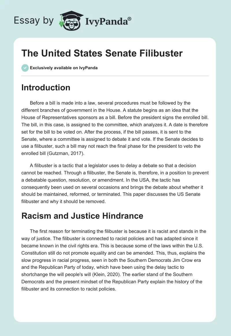 The United States Senate Filibuster. Page 1