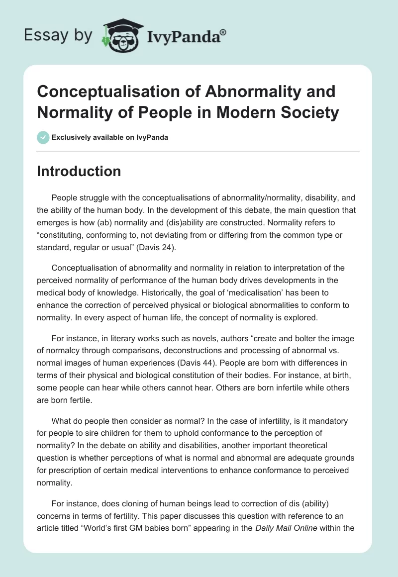 Conceptualisation of Abnormality and Normality of People in Modern Society. Page 1