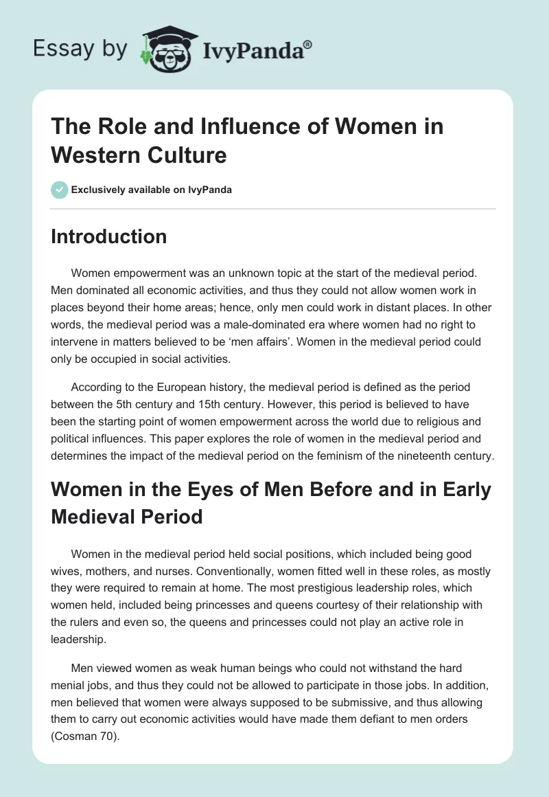 The Role and Influence of Women in Western Culture. Page 1