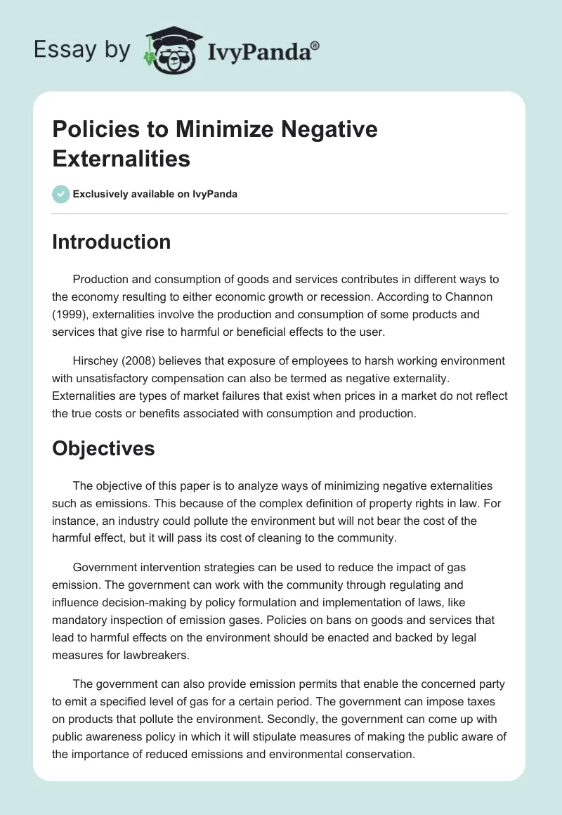 Policies to Minimize Negative Externalities. Page 1