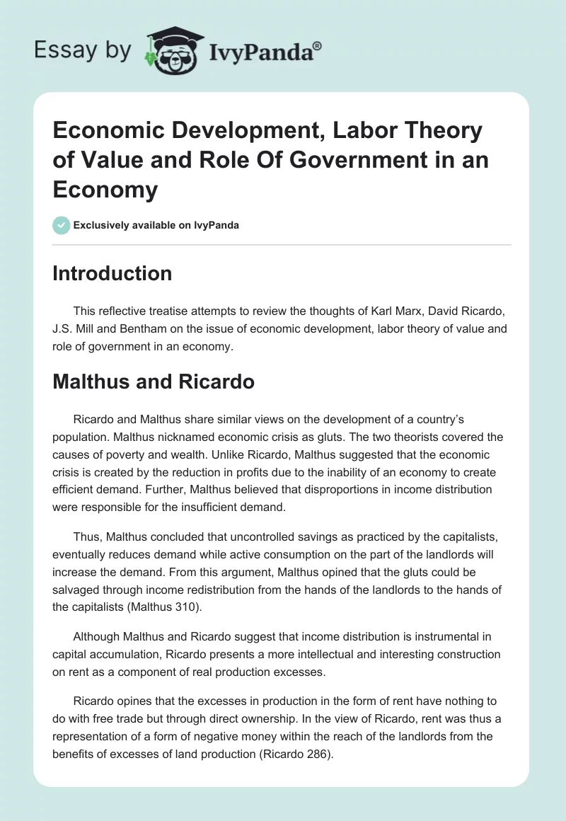 Economic Development, Labor Theory of Value and Role Of Government in an Economy. Page 1