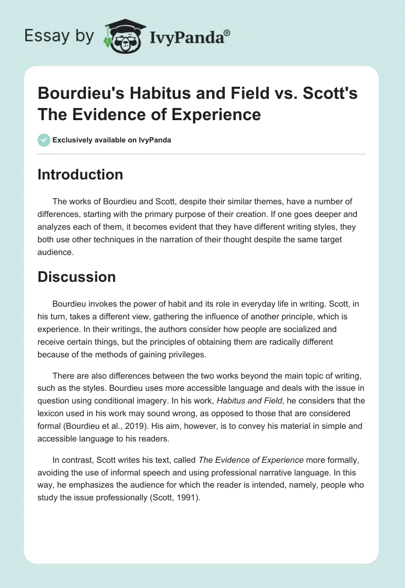Bourdieu's Habitus and Field vs. Scott's The Evidence of Experience. Page 1