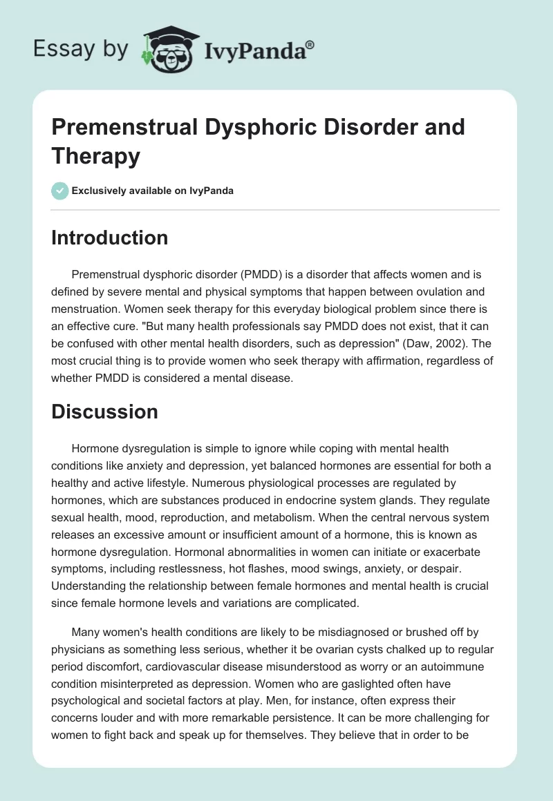 Premenstrual Dysphoric Disorder and Therapy. Page 1