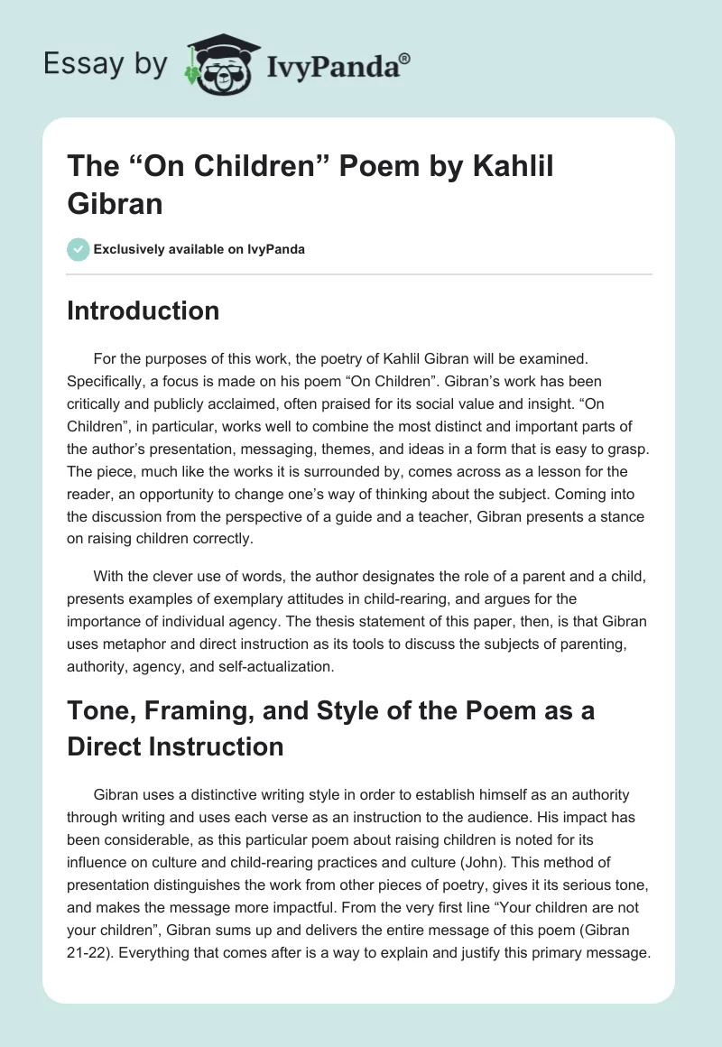 The “On Children” Poem by Kahlil Gibran. Page 1