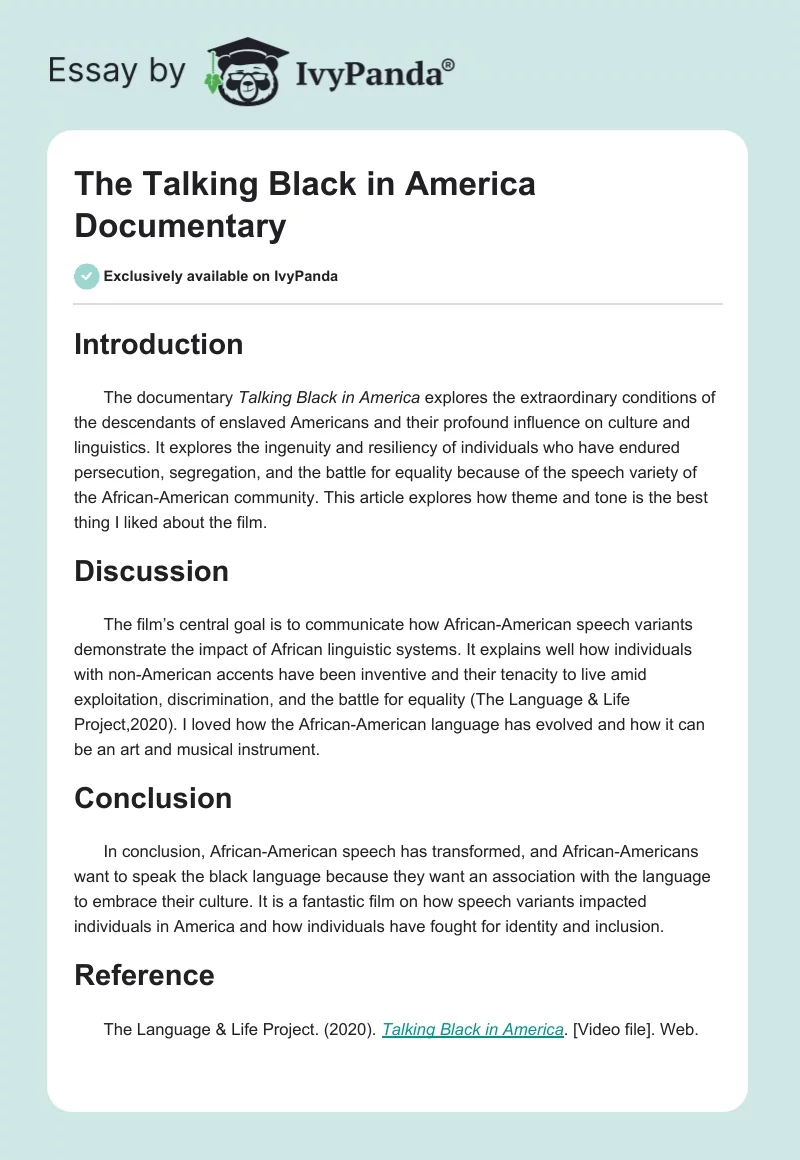 The Talking Black in America Documentary. Page 1