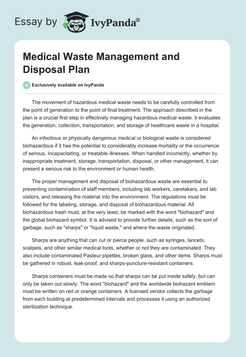 Medical Waste Management and Disposal Plan. Page 1