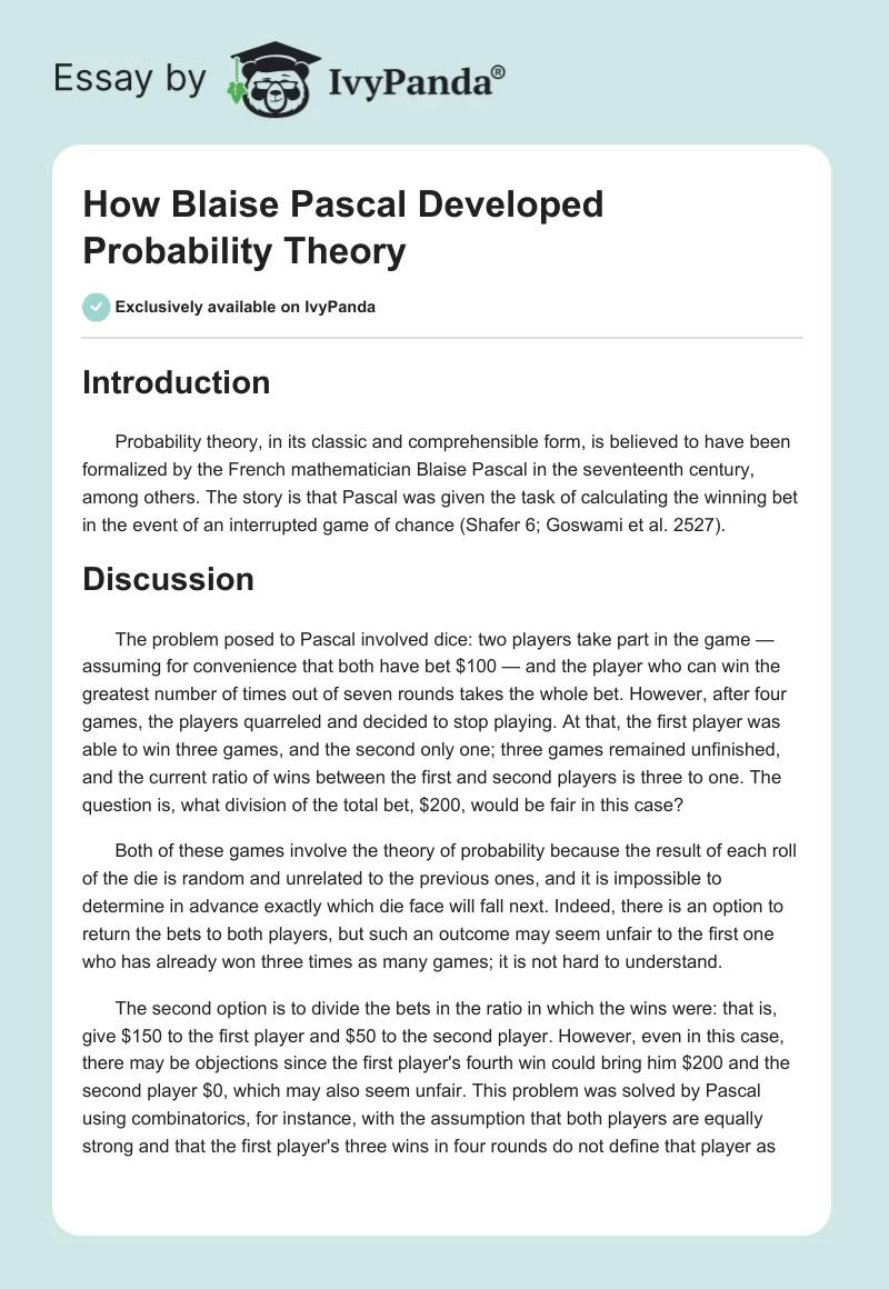 How Blaise Pascal Developed Probability Theory. Page 1