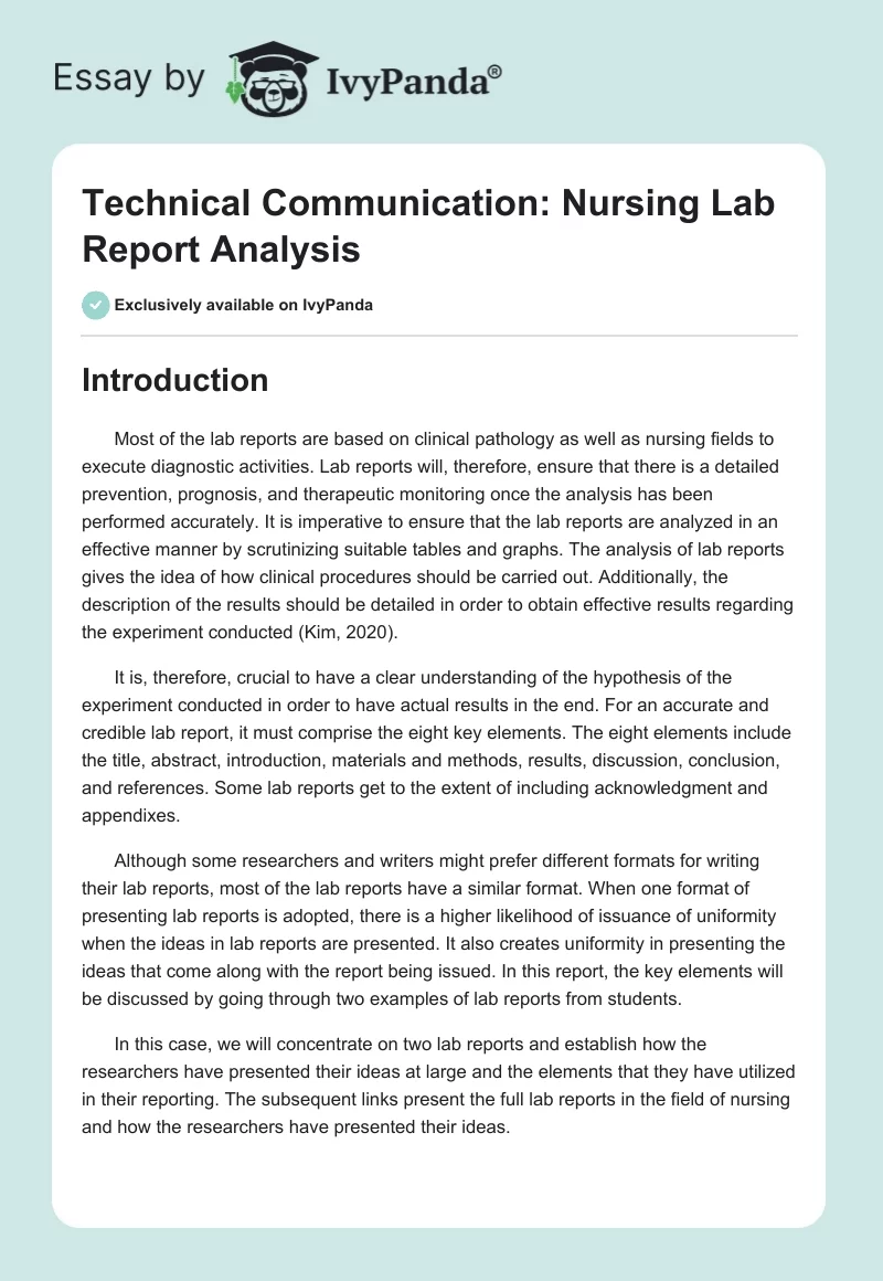 Technical Communication: Nursing Lab Report Analysis. Page 1