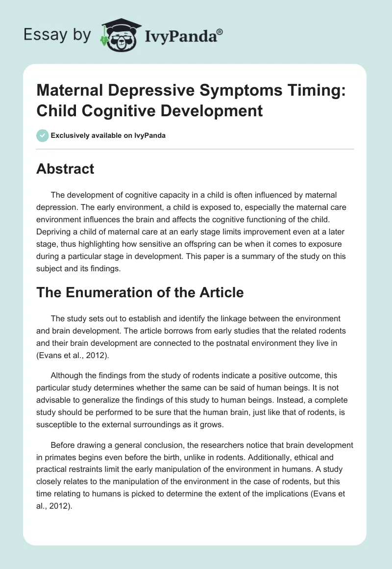 Maternal Depressive Symptoms Timing: Child Cognitive Development. Page 1