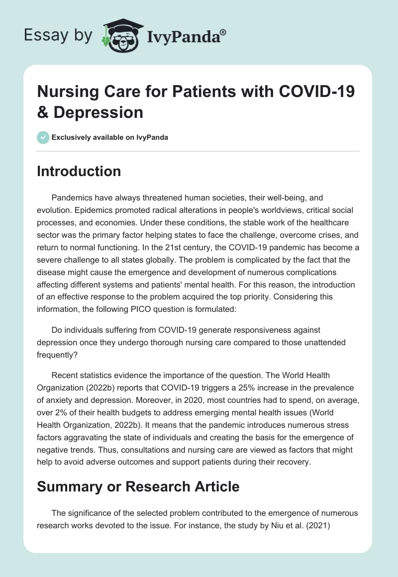 Nursing Care for Patients With COVID-19 & Depression. Page 1