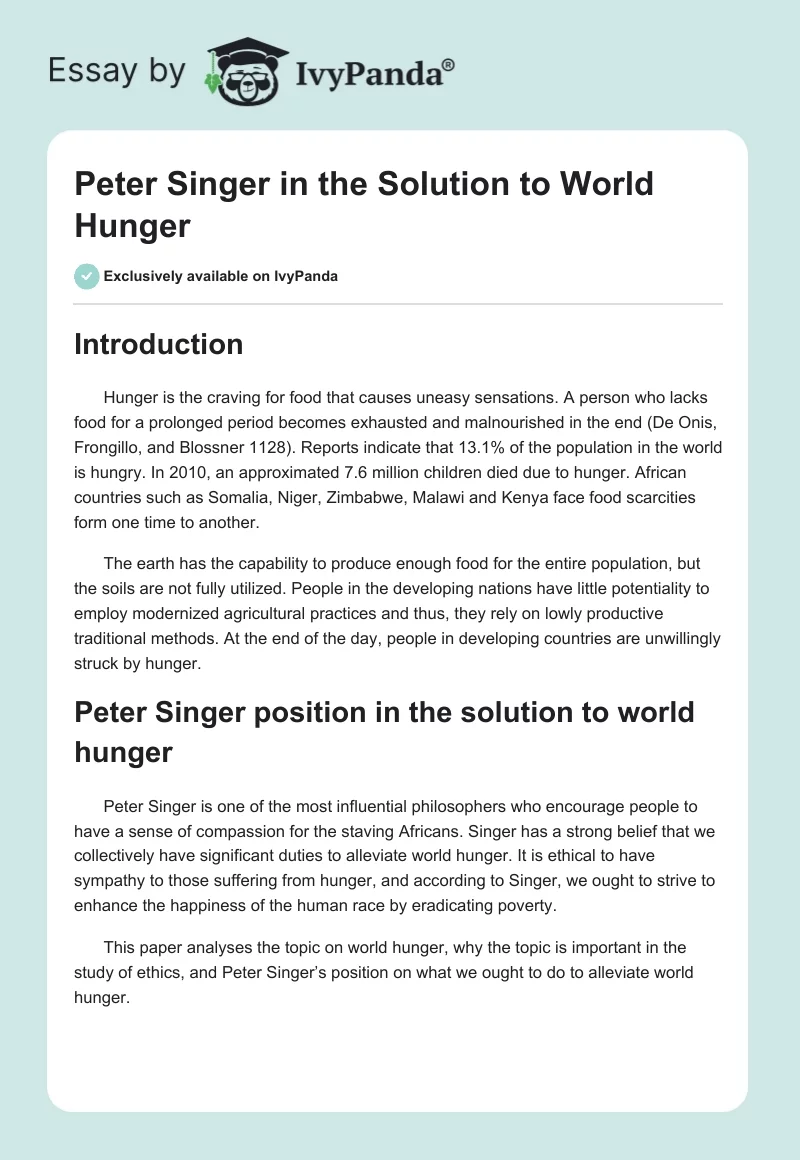 Peter Singer in the Solution to World Hunger. Page 1