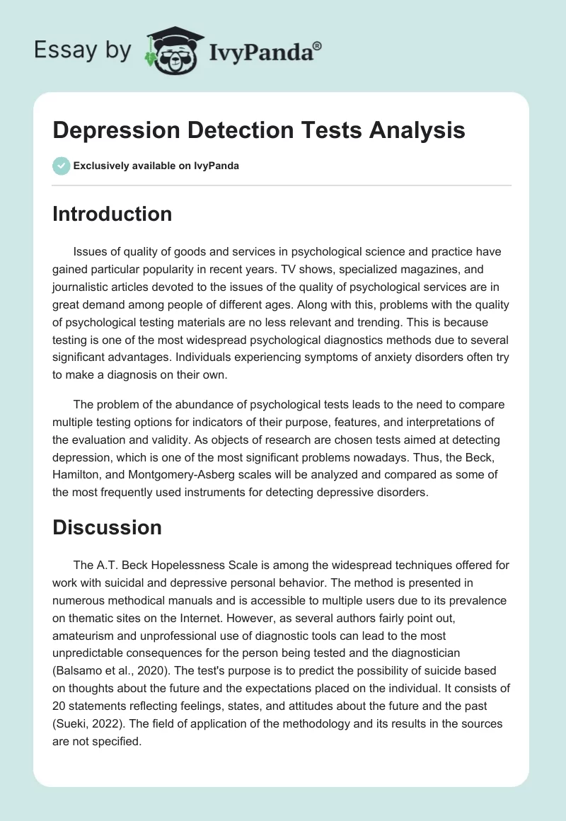 Depression Detection Tests Analysis. Page 1