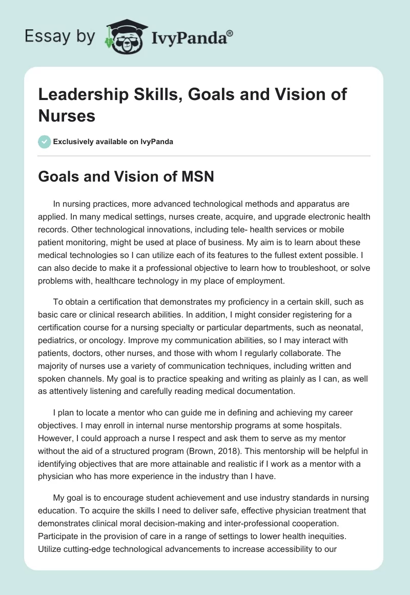Leadership Skills, Goals and Vision of Nurses. Page 1