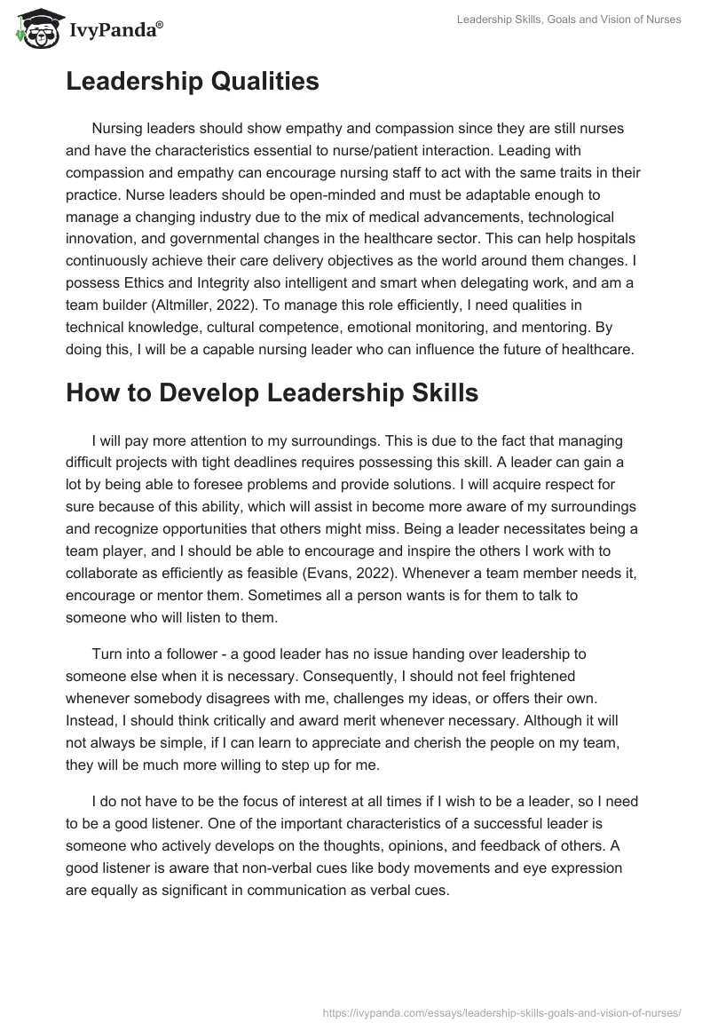 Leadership Skills, Goals and Vision of Nurses. Page 3