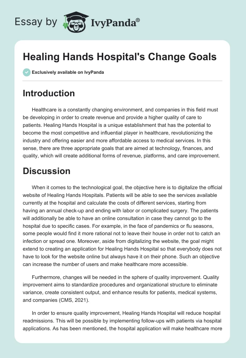 Healing Hands Hospital's Change Goals. Page 1
