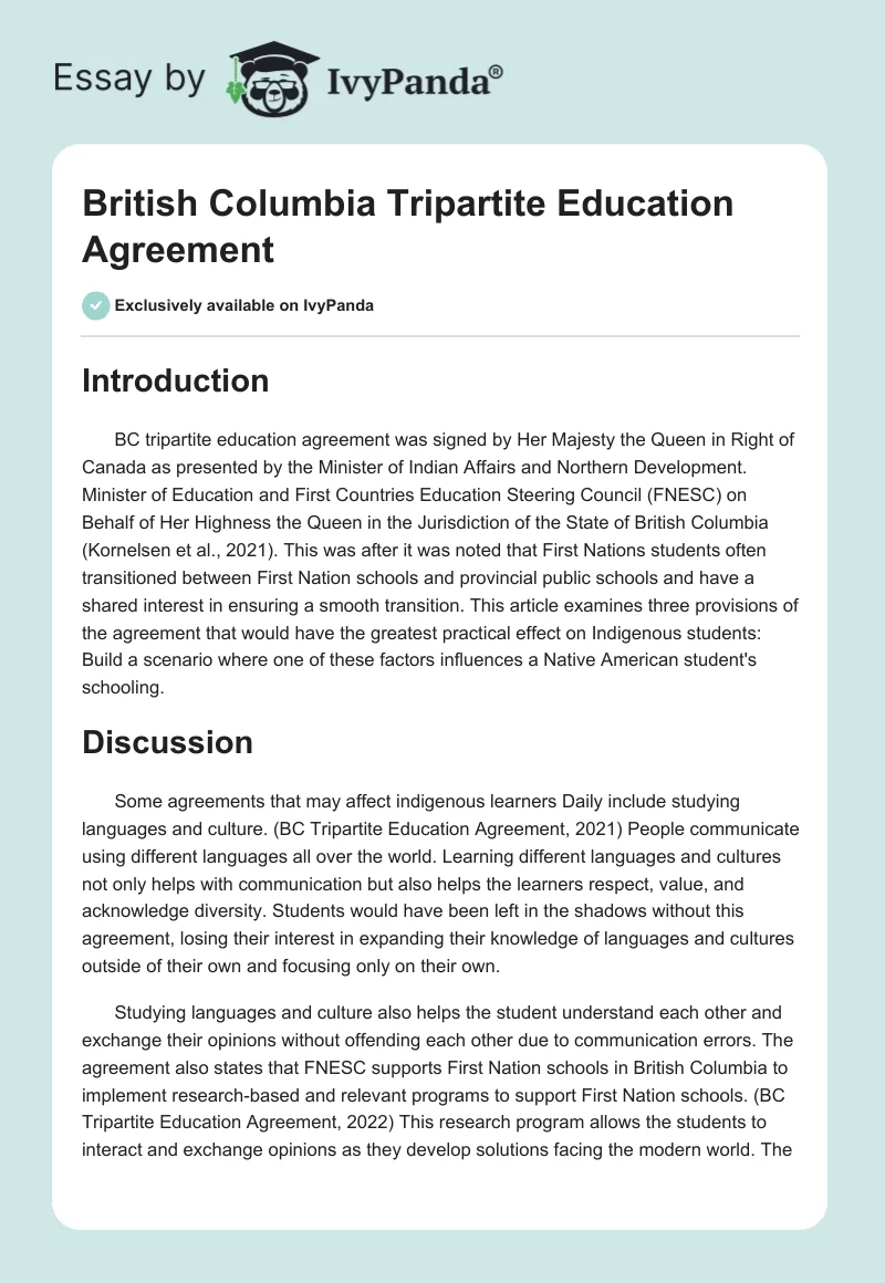 British Columbia Tripartite Education Agreement. Page 1