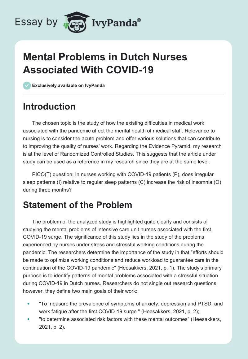 Mental Problems in Dutch Nurses Associated With COVID-19. Page 1