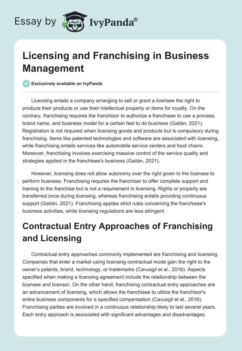 Licensing and Franchising in Business Management. Page 1