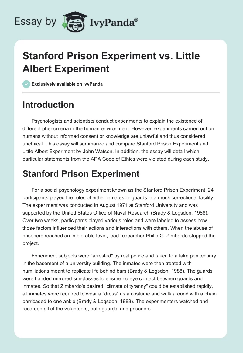 Stanford Prison Experiment vs. Little Albert Experiment. Page 1
