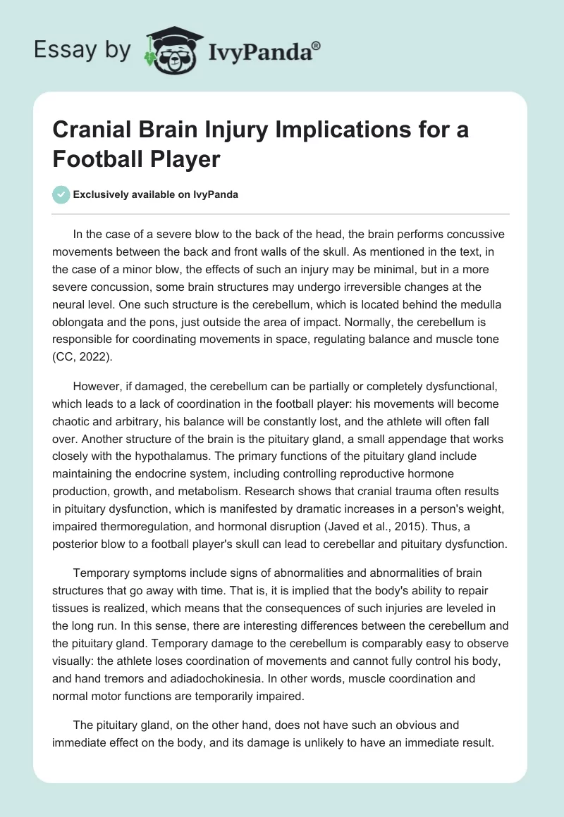 Cranial Brain Injury Implications for a Football Player. Page 1