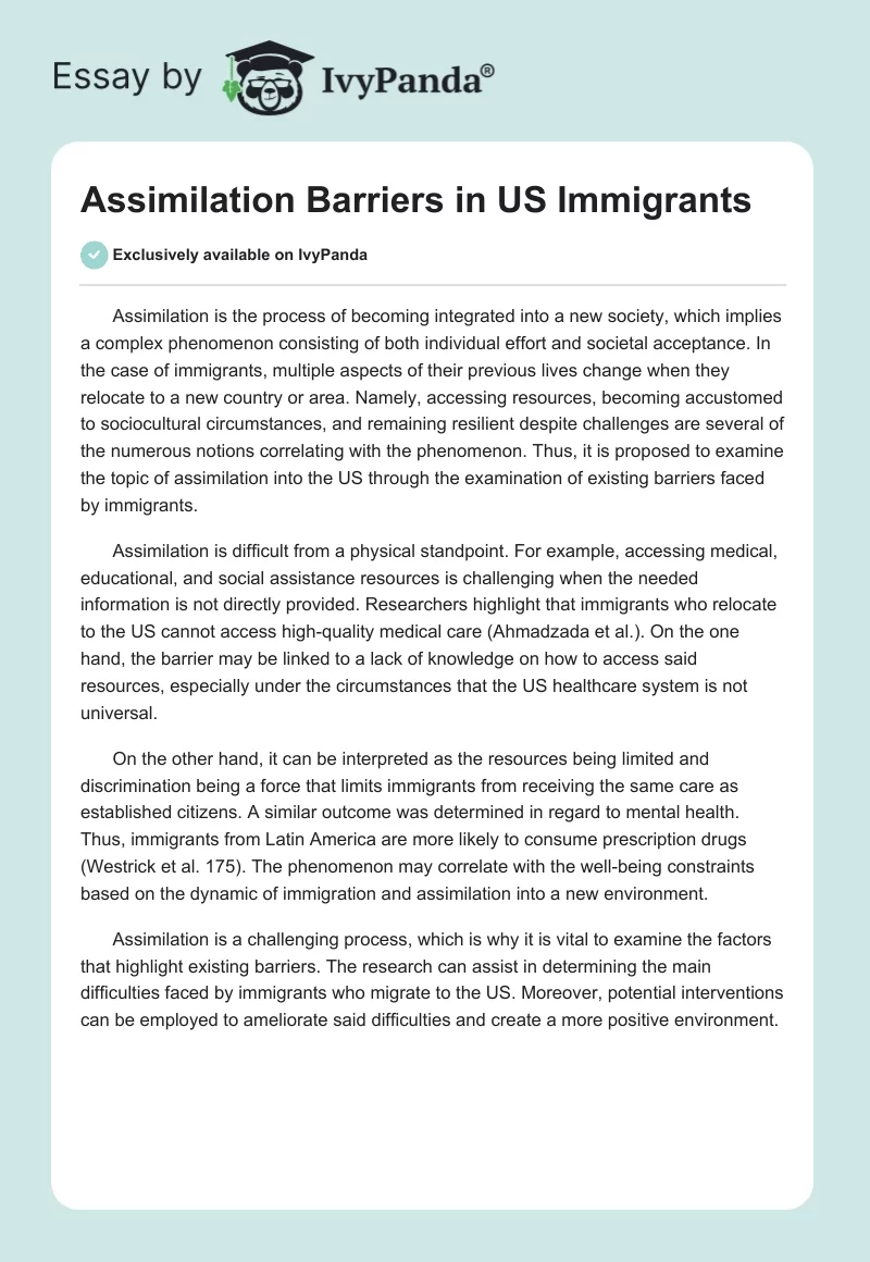 Assimilation Barriers in US Immigrants. Page 1