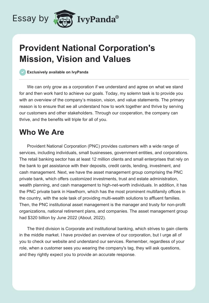 Provident National Corporation's Mission, Vision and Values. Page 1