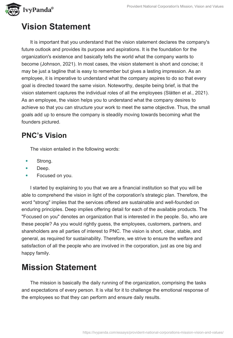 Provident National Corporation's Mission, Vision and Values. Page 2