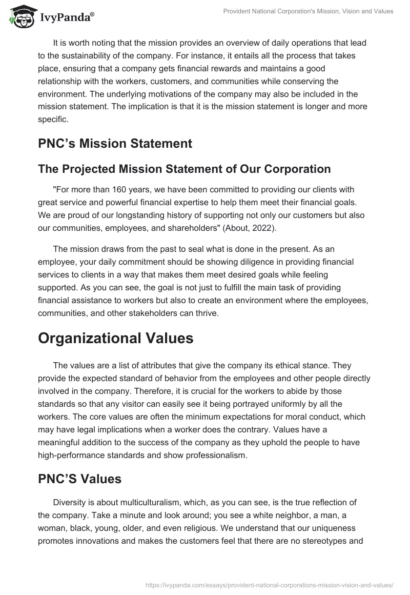 Provident National Corporation's Mission, Vision and Values. Page 3