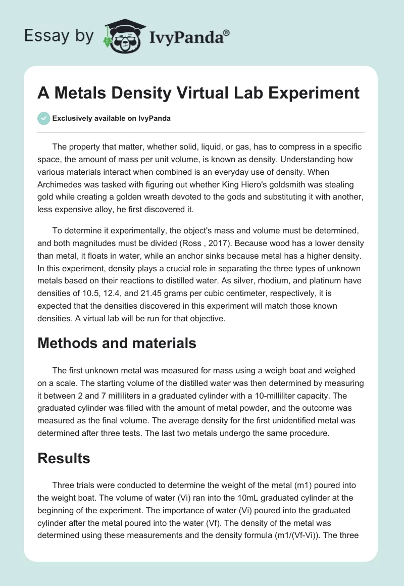 A Metals Density Virtual Lab Experiment. Page 1
