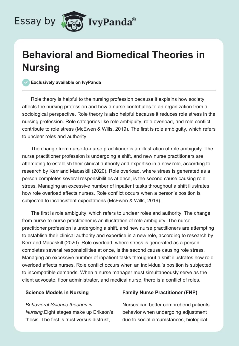Behavioral and Biomedical Theories in Nursing. Page 1