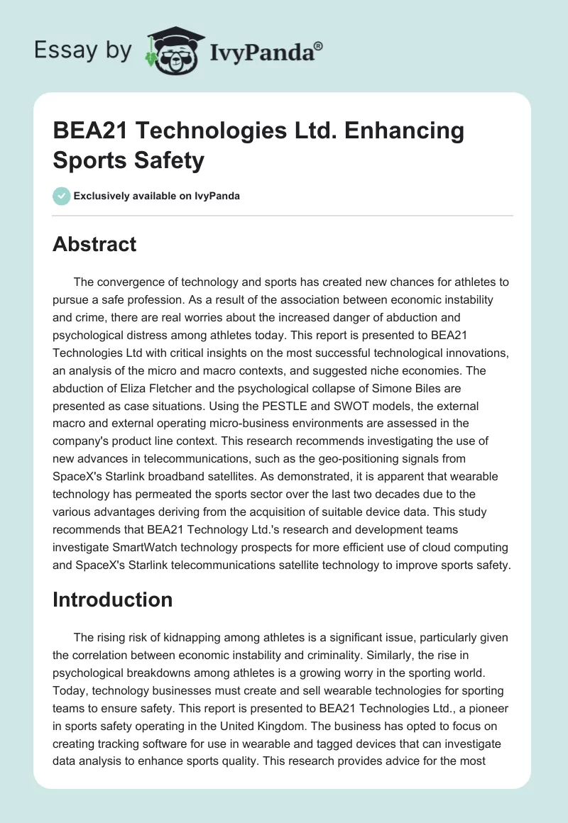 BEA21 Technologies Ltd. Enhancing Sports Safety. Page 1