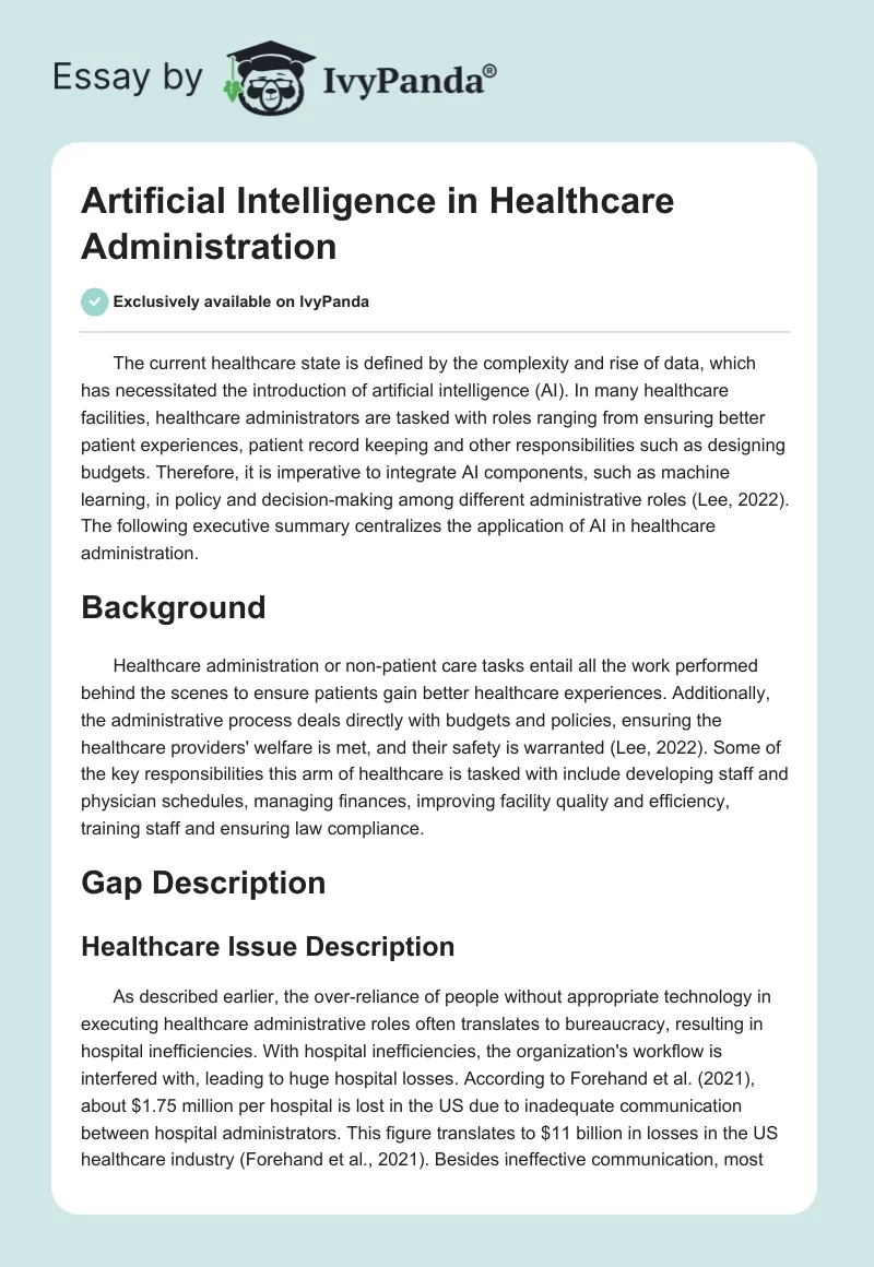 Artificial Intelligence in Healthcare Administration. Page 1
