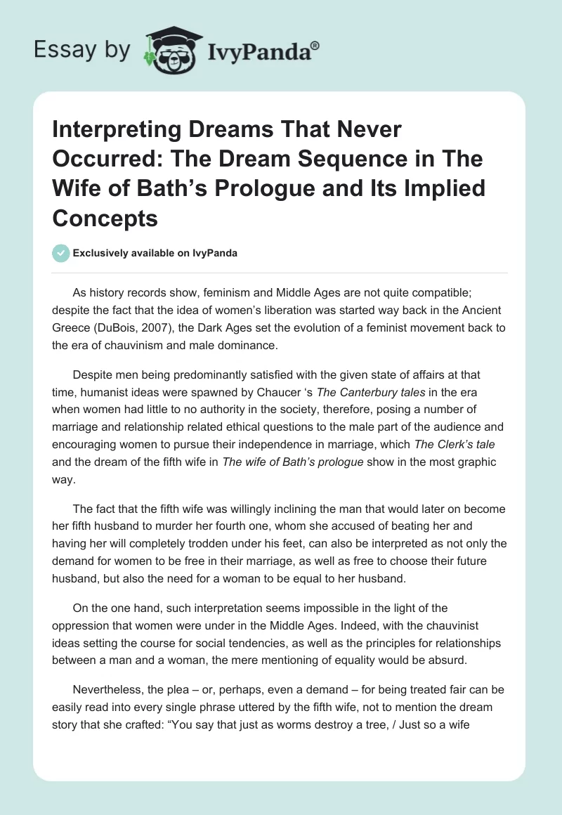 Interpreting Dreams That Never Occurred: The Dream Sequence in The Wife of Bath’s Prologue and Its Implied Concepts. Page 1