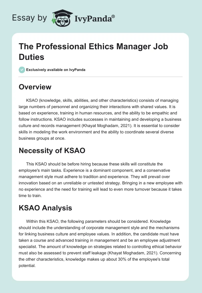 The Professional Ethics Manager Job Duties. Page 1