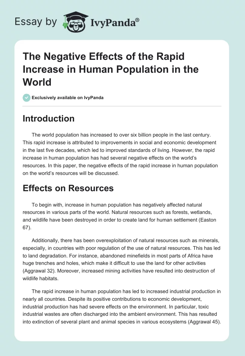 The Negative Effects of the Rapid Increase in Human Population in the World. Page 1