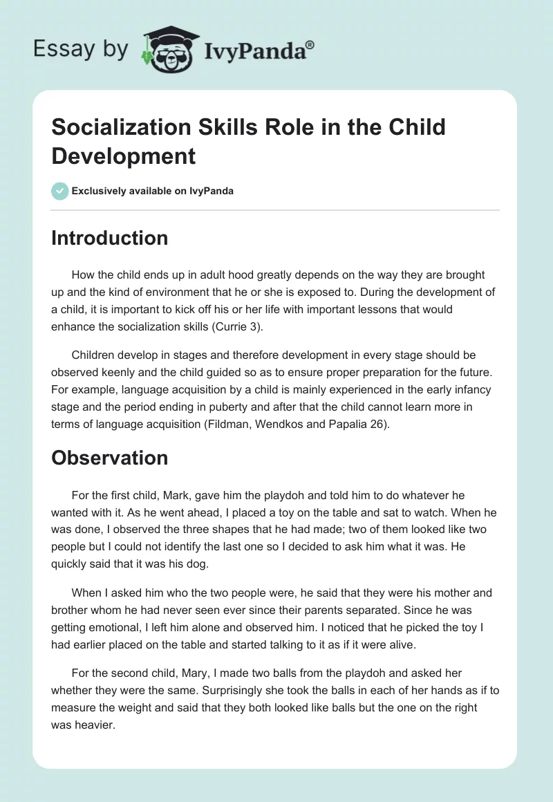 Socialization Skills Role in the Child Development. Page 1