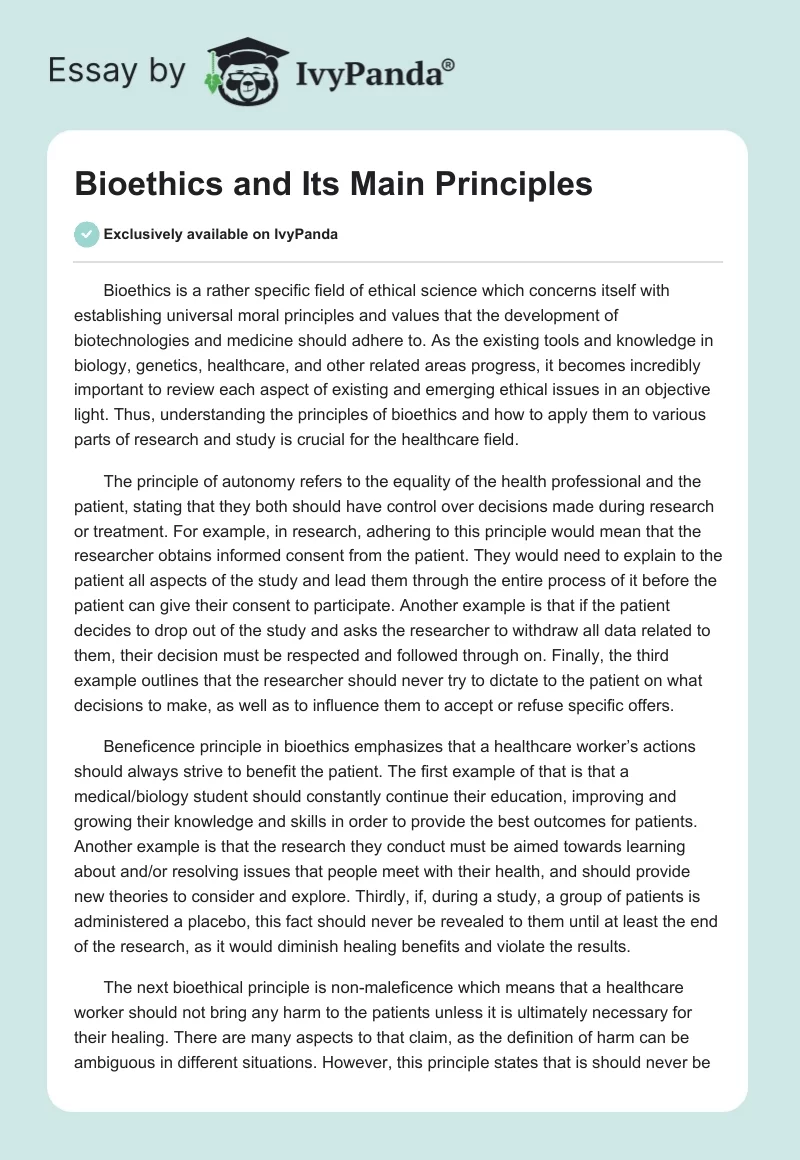 Bioethics and Its Main Principles. Page 1
