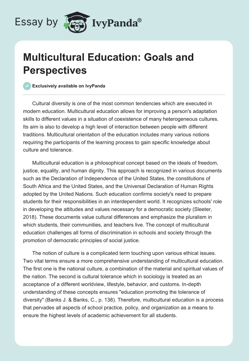 Multicultural Education: Goals and Perspectives. Page 1