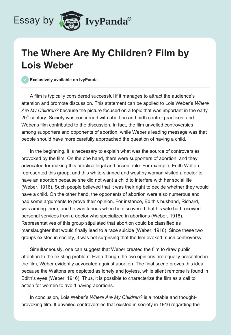 The "Where Are My Children?" Film by Lois Weber. Page 1