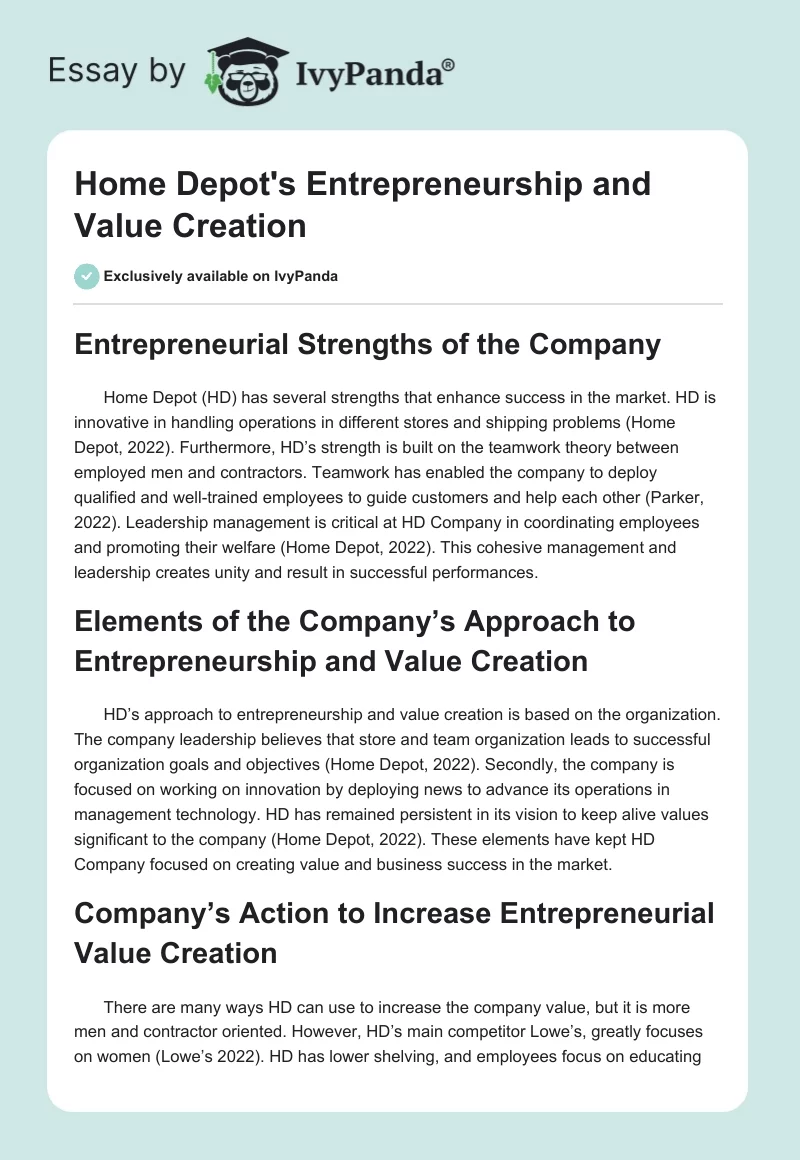 Home Depot's Entrepreneurship and Value Creation. Page 1