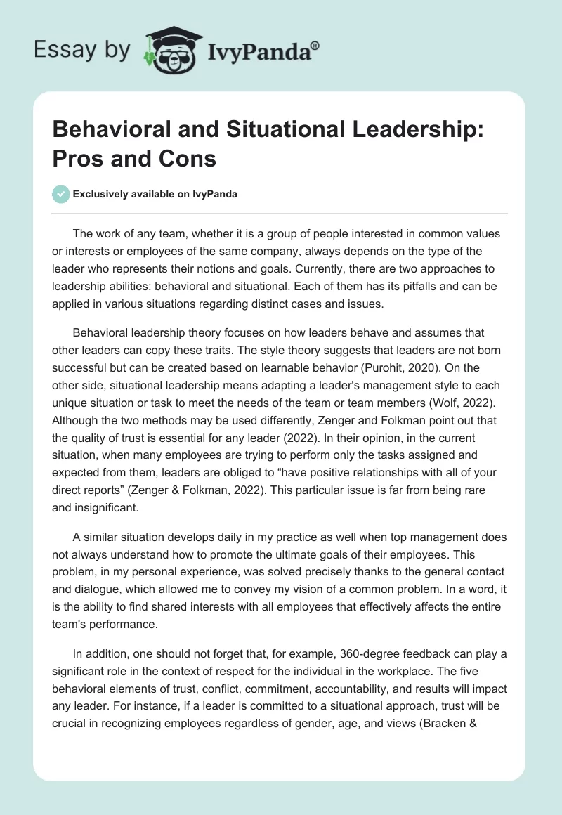 Behavioral and Situational Leadership: Pros and Cons. Page 1