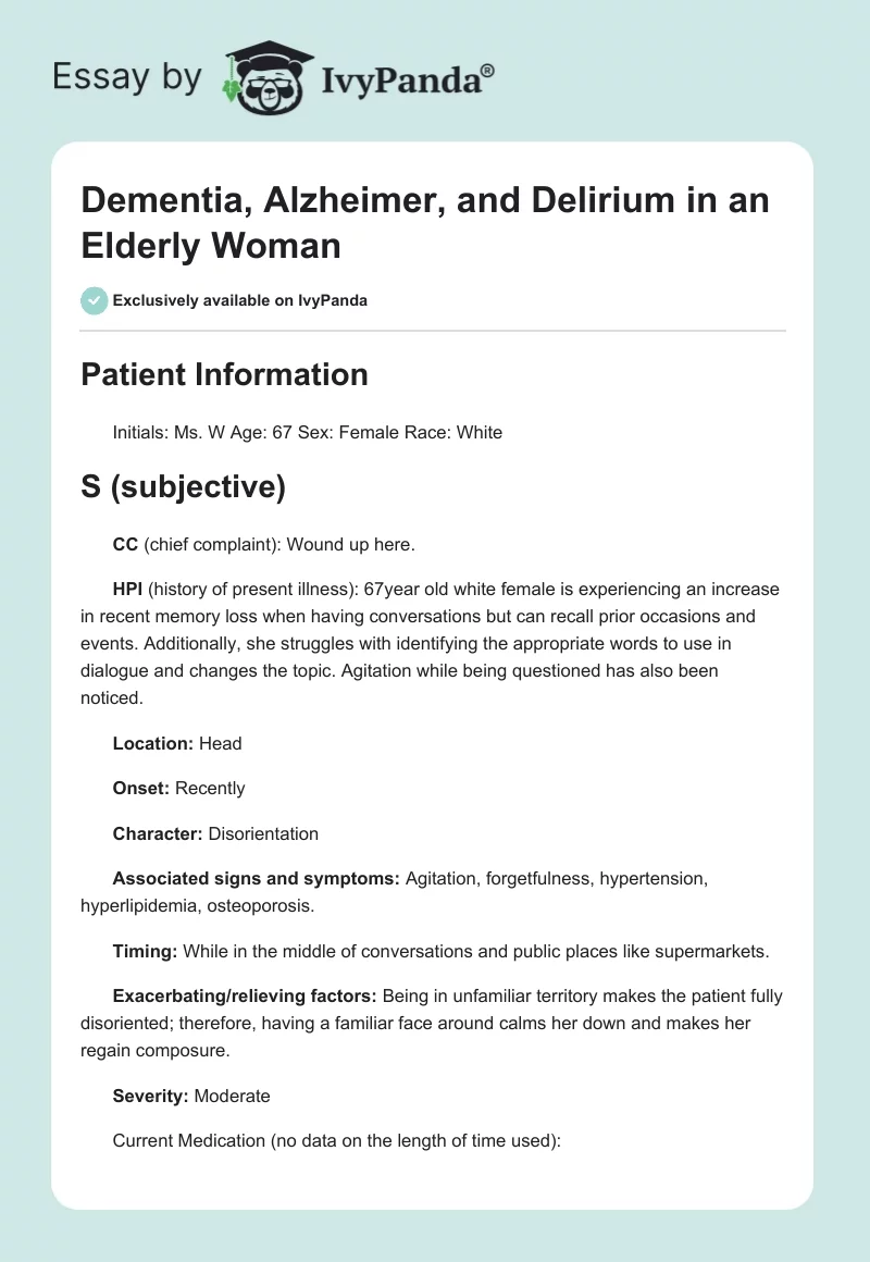 Dementia, Alzheimer, and Delirium in an Elderly Woman. Page 1