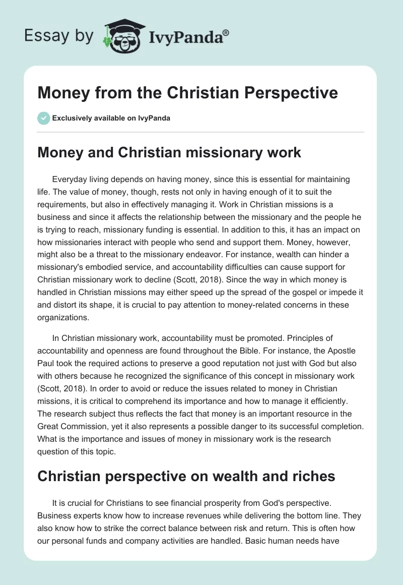 Money From the Christian Perspective. Page 1