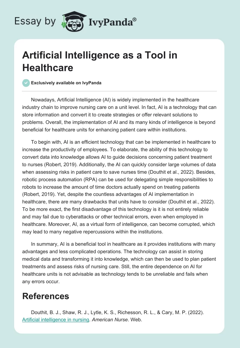 Artificial Intelligence as a Tool in Healthcare. Page 1