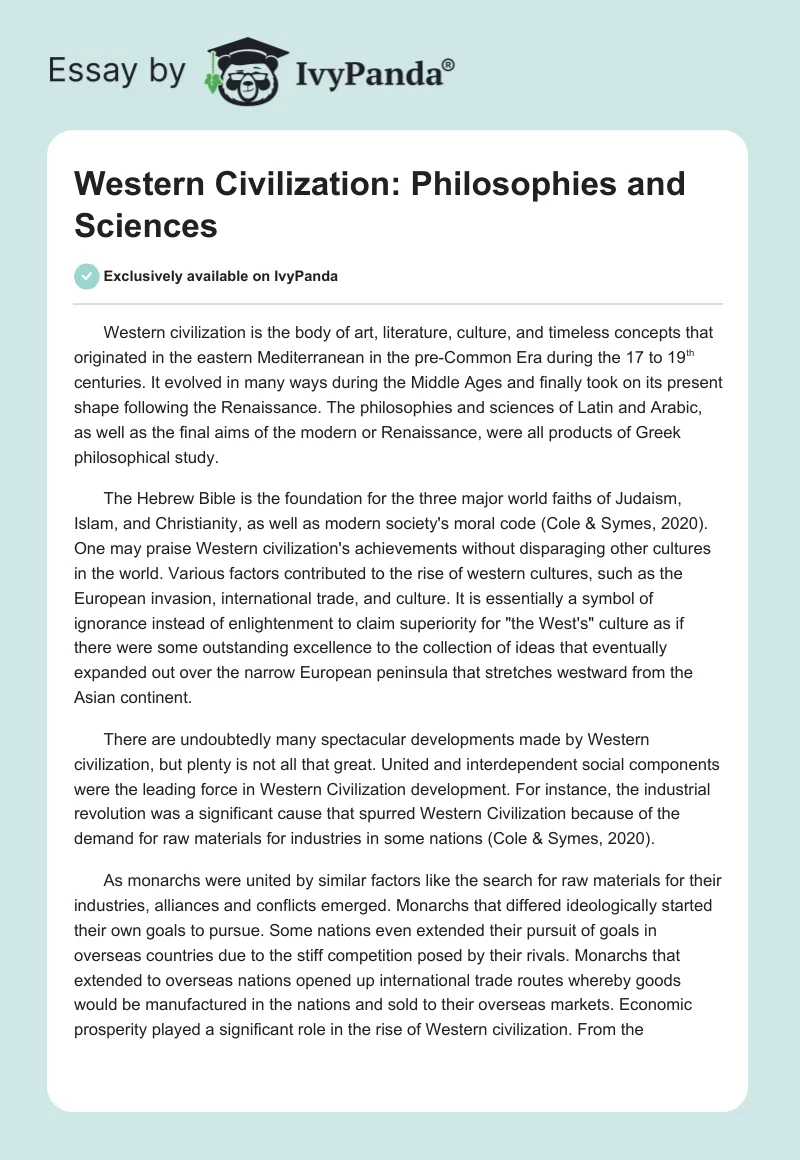 Western Civilization: Philosophies and Sciences. Page 1