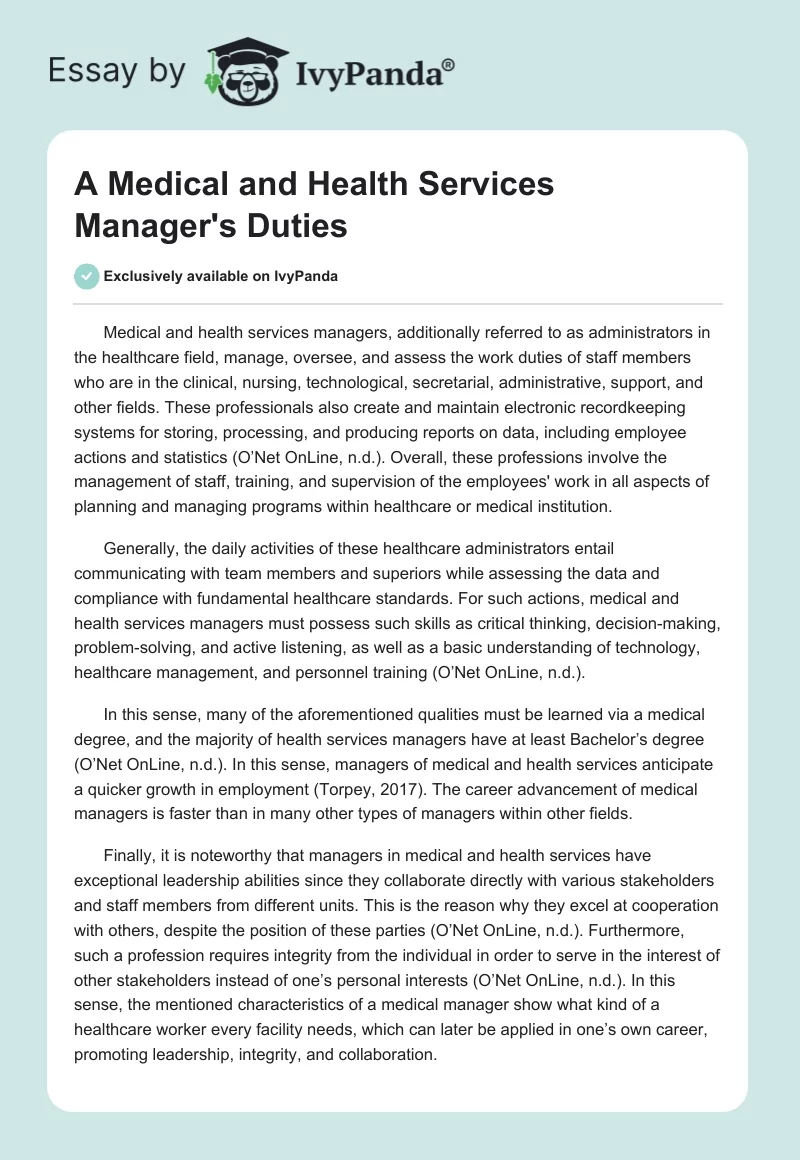 A Medical and Health Services Manager's Duties. Page 1